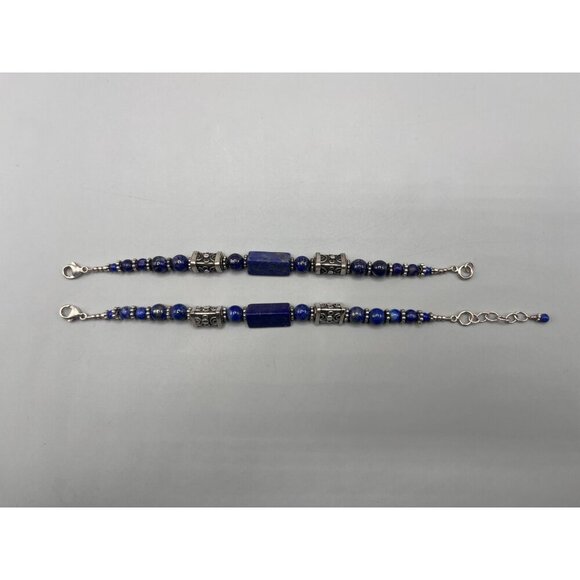 Lapis Lazuli Bead Bracelet Sterling Silver Set of 2 Blue Stone Sphere Filigree - Picture 2 of 8